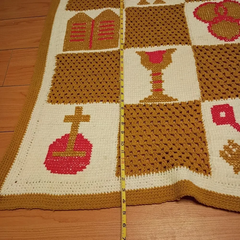 Handmade Crochet Afghan Blanket 64x49 Religious Christian Catholic Gold White